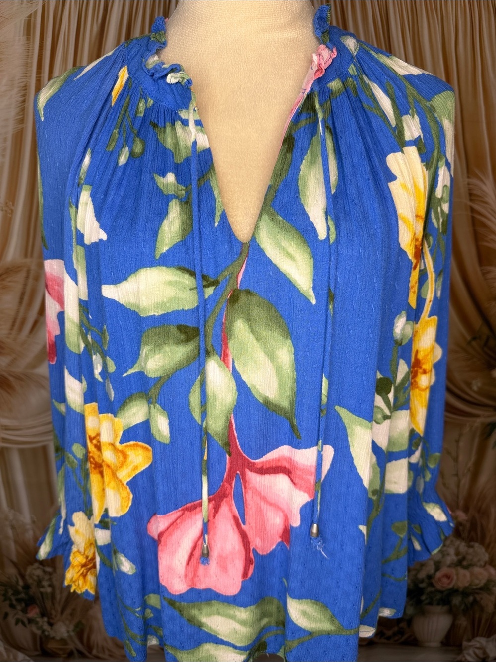 RACHEL Rachel Roy Blue Floral Blouse with Pink & Yellow Accents
